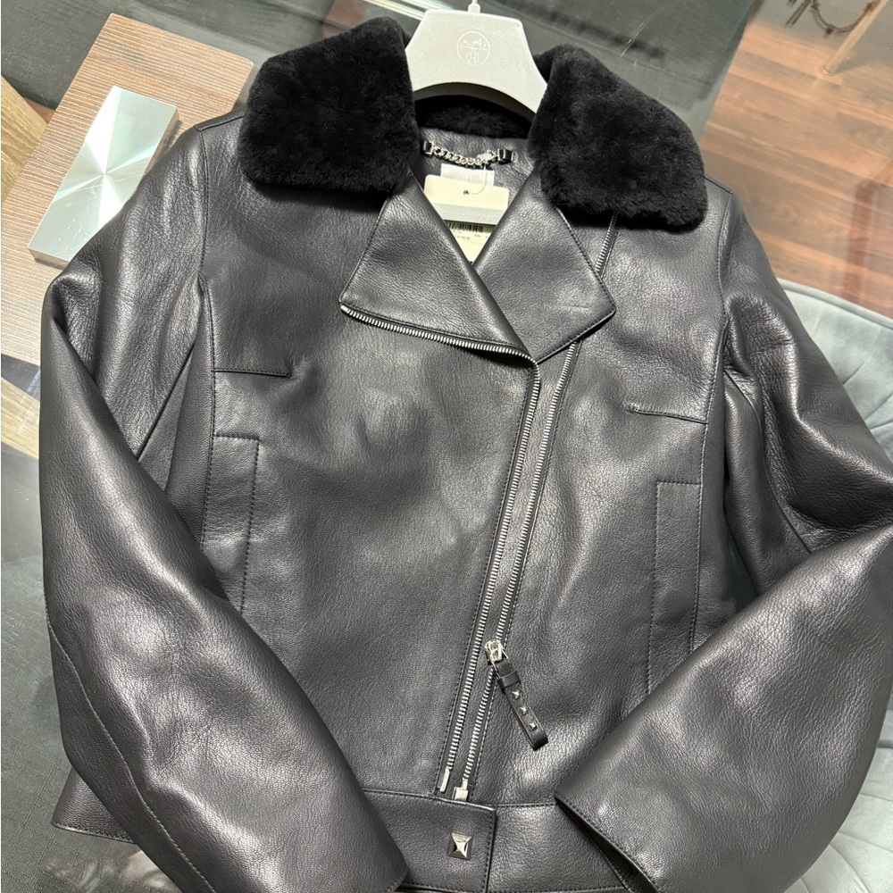 Hermes Black Leather Jacket with Plush Collar - Picture 5 of 8